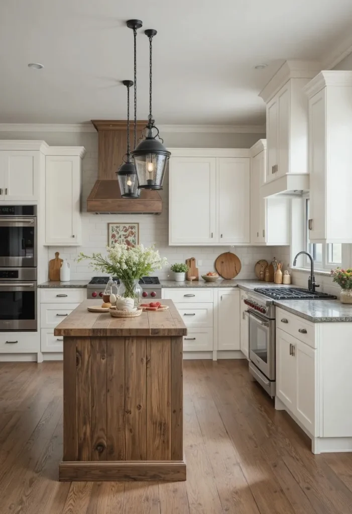 Rustic farmhouse kitchen with reclaimed wood island