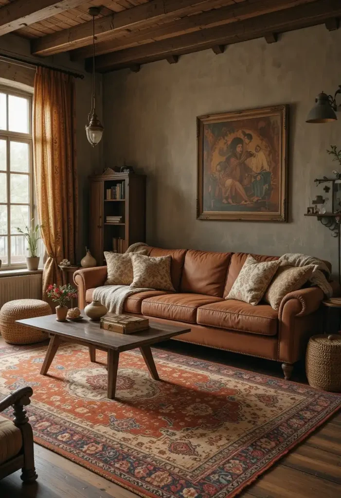 Vintage rug styled with a brown couch