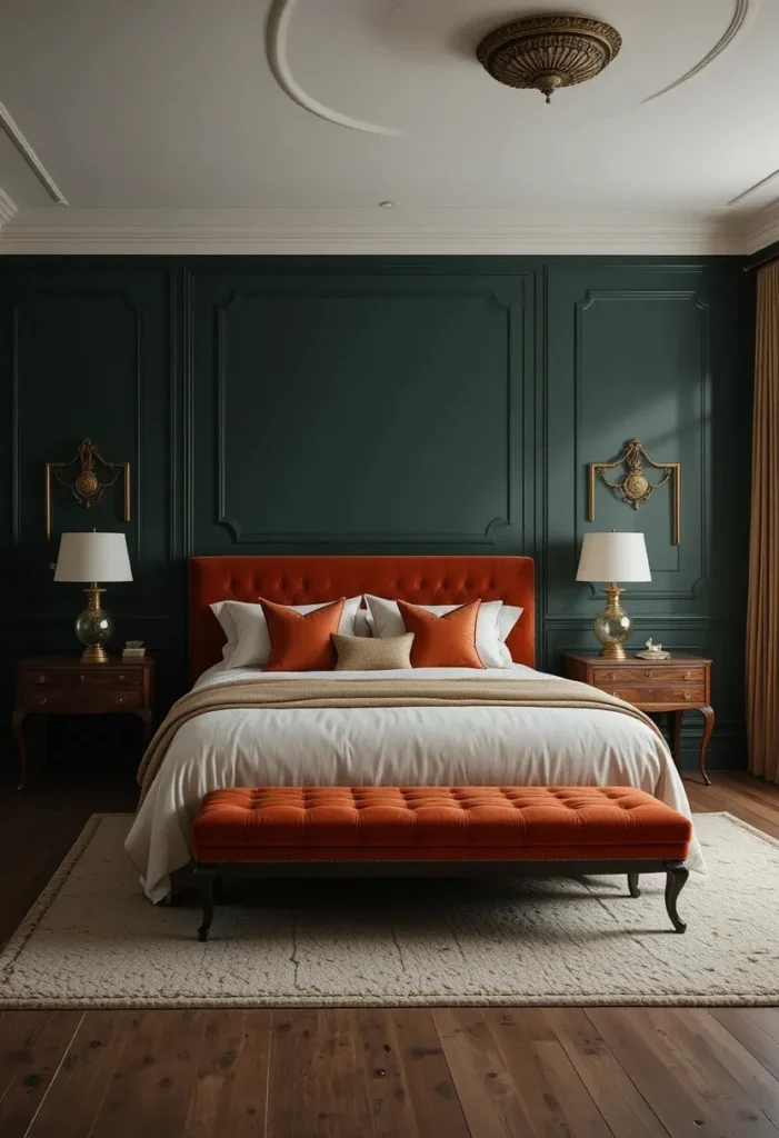 Dark green bedroom with burnt orange velvet accents and warm lighting