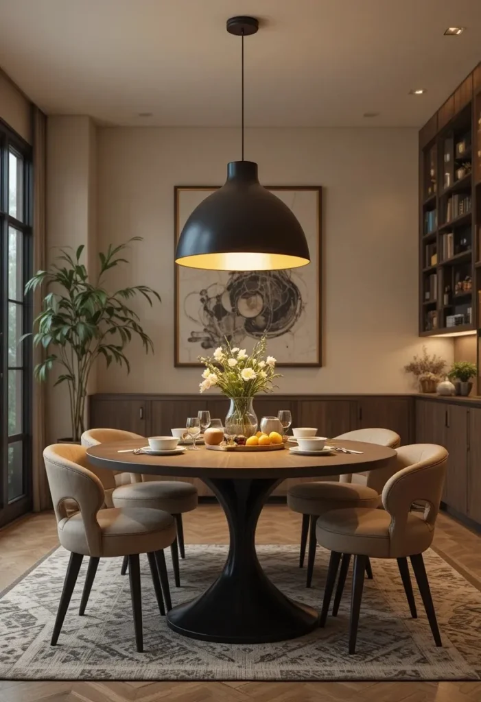 Modern dining room with statement pendant lighting above table