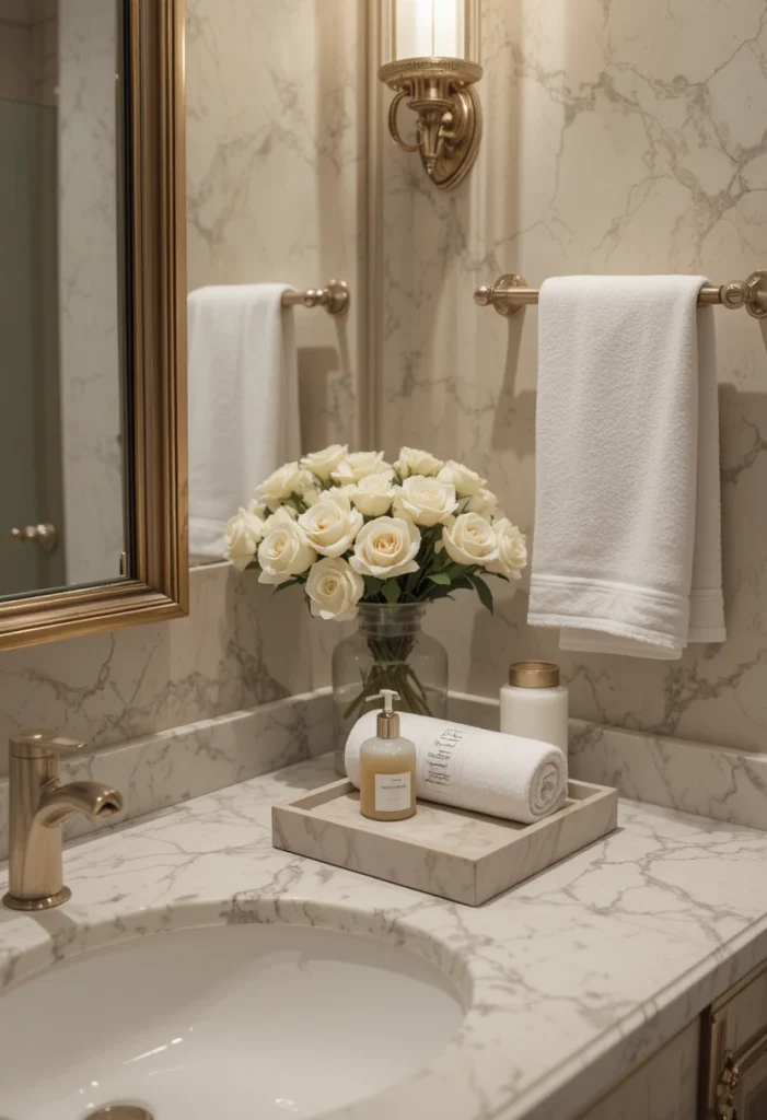 Guest bathroom vanity tray with towels, soap, and elegant accessories.