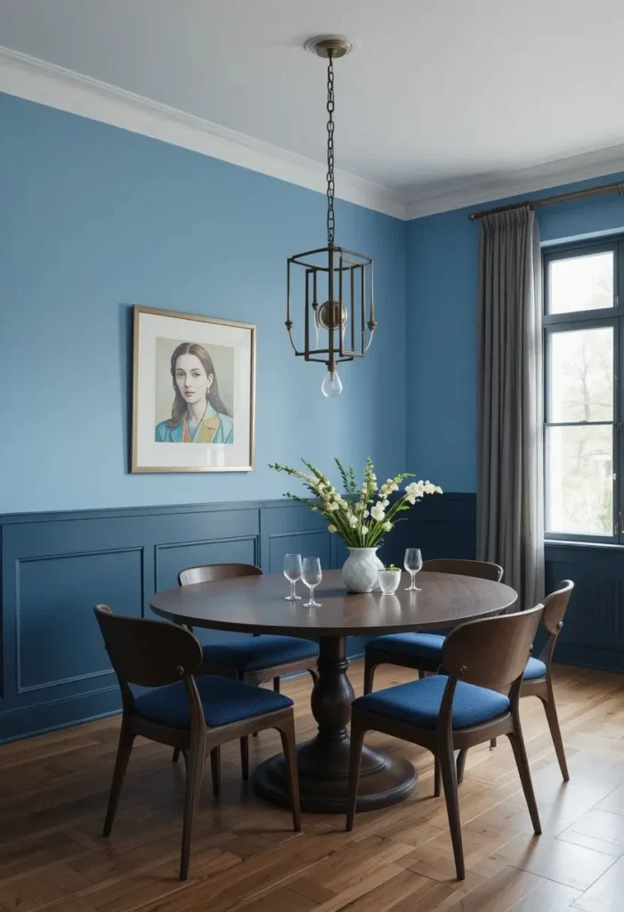 Two-tone blue dining room walls creating layered and modern design