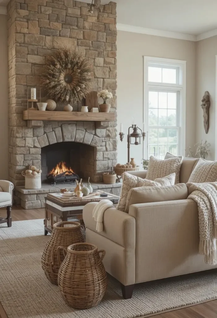 Neutral living room with stone fireplace and cozy warm decor.