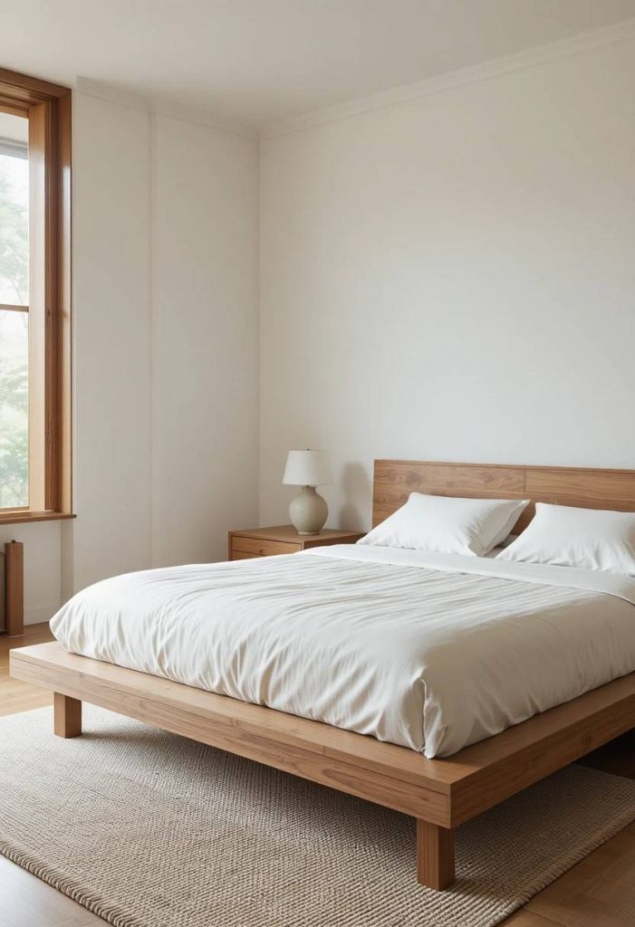 Light oak platform bed paired with a dark walnut nightstand in a Japandi bedroom with white walls.