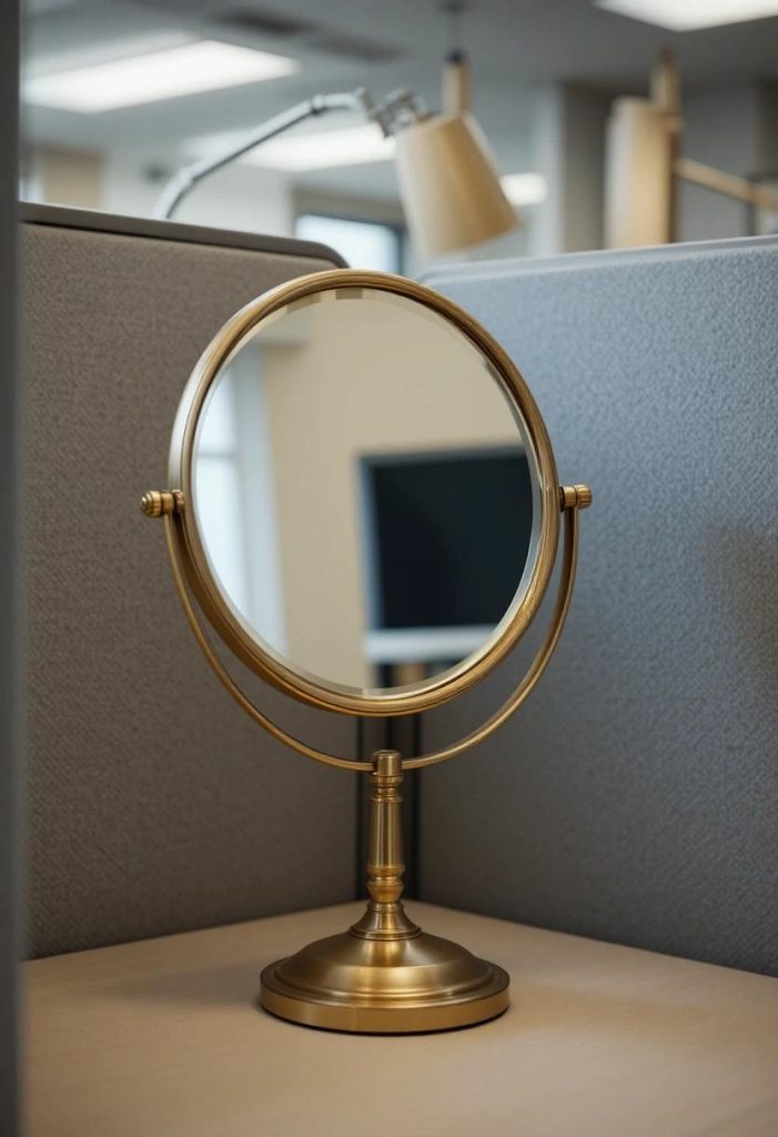 Small round brass framed vanity mirror standing on a cubicle desk reflecting soft daylight