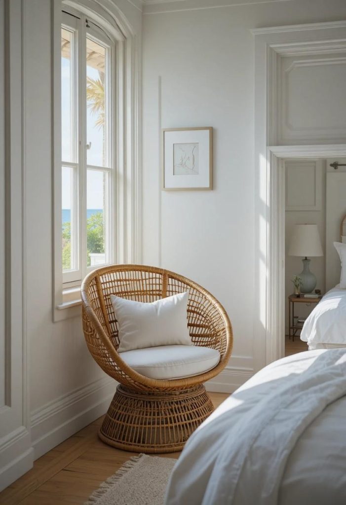 Sculptural rattan accent chair with a linen cushion in the corner of a coastal bedroom beside a window.