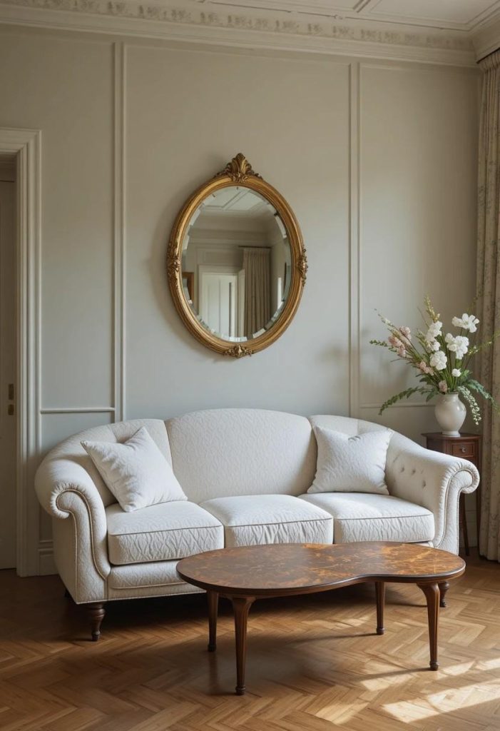 Curved cream boucle sofa with rounded arms paired with a kidney-shaped burlwood coffee table in a whimsical sitting room