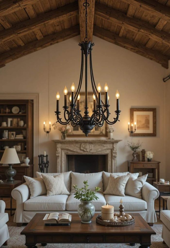  Black wrought iron candle-style chandelier hanging over a coffee table in a cozy Tuscan living room with wood beams.