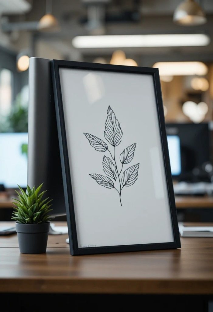 Small matte black framed minimalist line drawing leaning against a computer monitor on an office desk