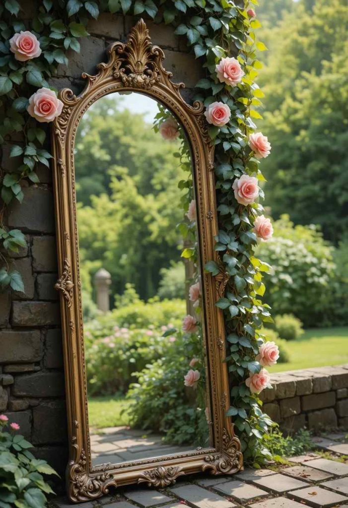 Antique gold-framed mirror leaning against a stone wall covered in ivy and pink climbing roses