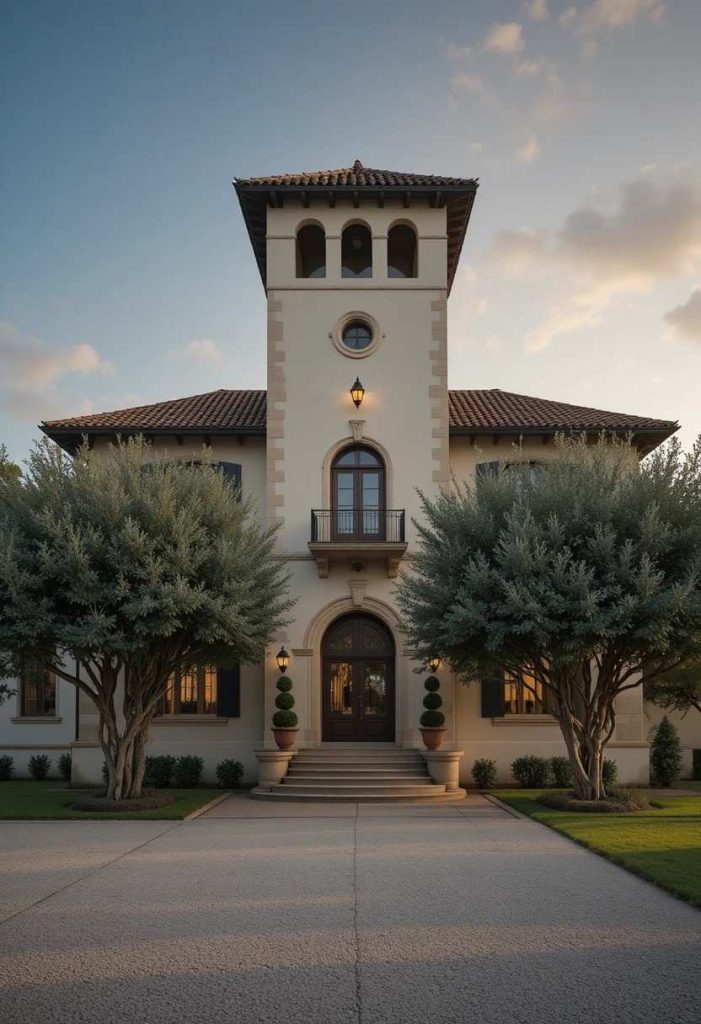 Tuscan villa with prominent three-story square tower, pyramidal terracotta roof, arched windows, cream stucco walls, and olive trees.