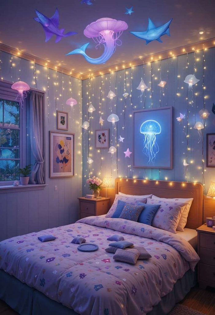 Whale shark, manta ray, and jellyfish shaped fairy lights strung along the ceiling of a bedroom