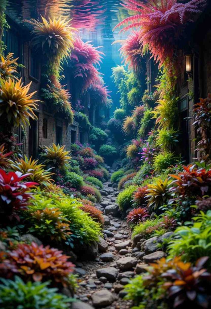 Dutch style aquascape filled with colorful streets of aquatic plants in red and green tones