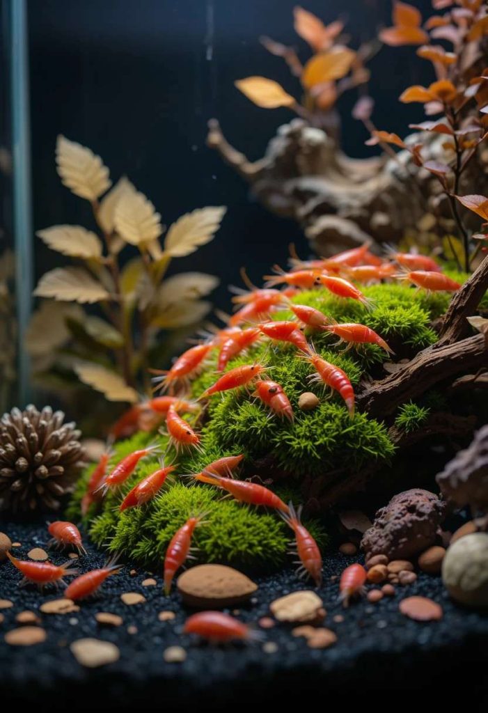 Small botanical aquarium filled with bright red cherry shrimp grazing on moss and leaf litter