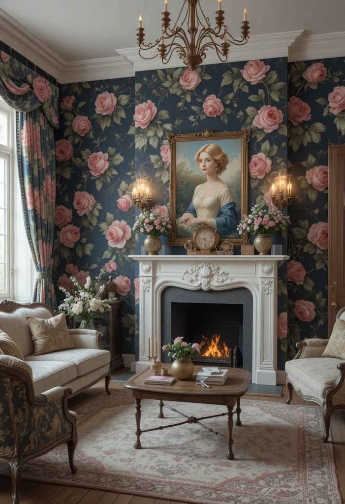 Large-scale botanical floral curtains in navy with pink roses in a romantic cottage-core living room