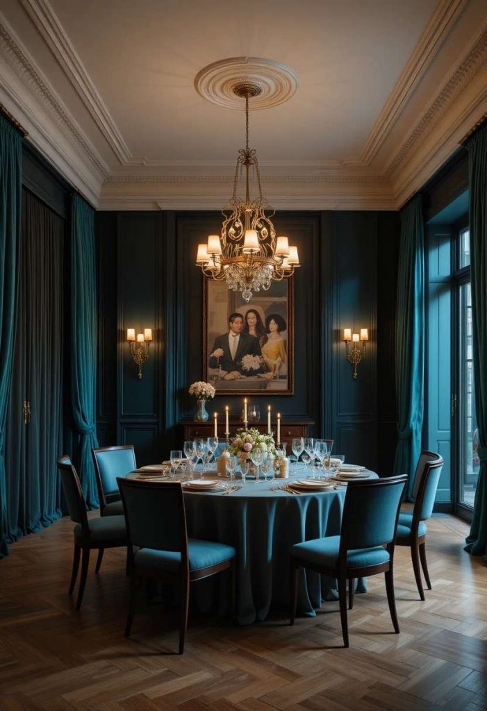 Floor-to-ceiling deep teal velvet curtains in an intimate dining room set for dinner with candlelight and crystal glasses