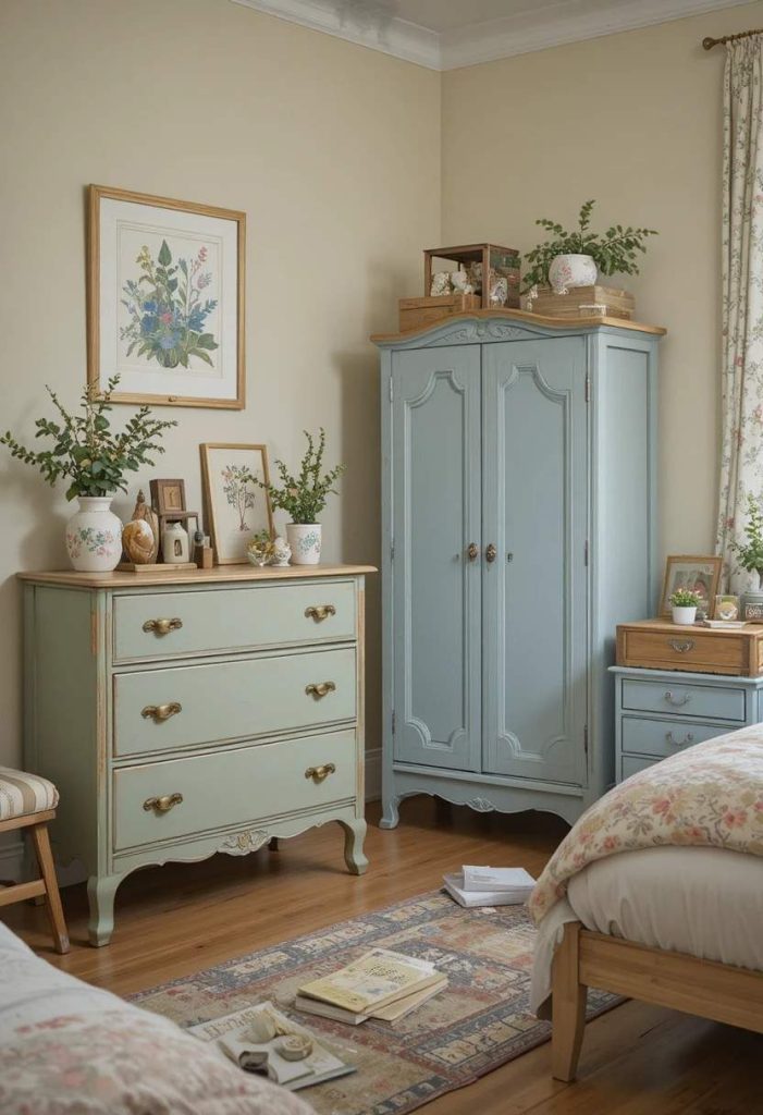 Upcycled vintage furniture in sage green and duck egg blue chalk paint with brass handles in a charming vintage kids room