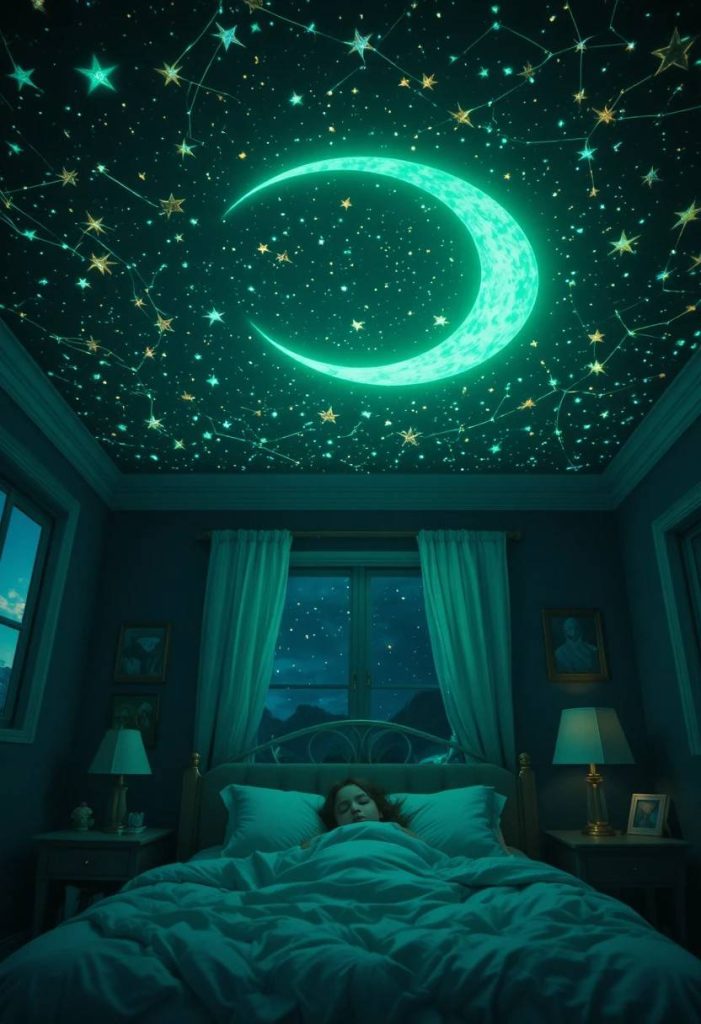 Glow-in-the-dark star ceiling with constellation patterns and painted crescent moon glowing above sleeping child in a magical kids bedroom