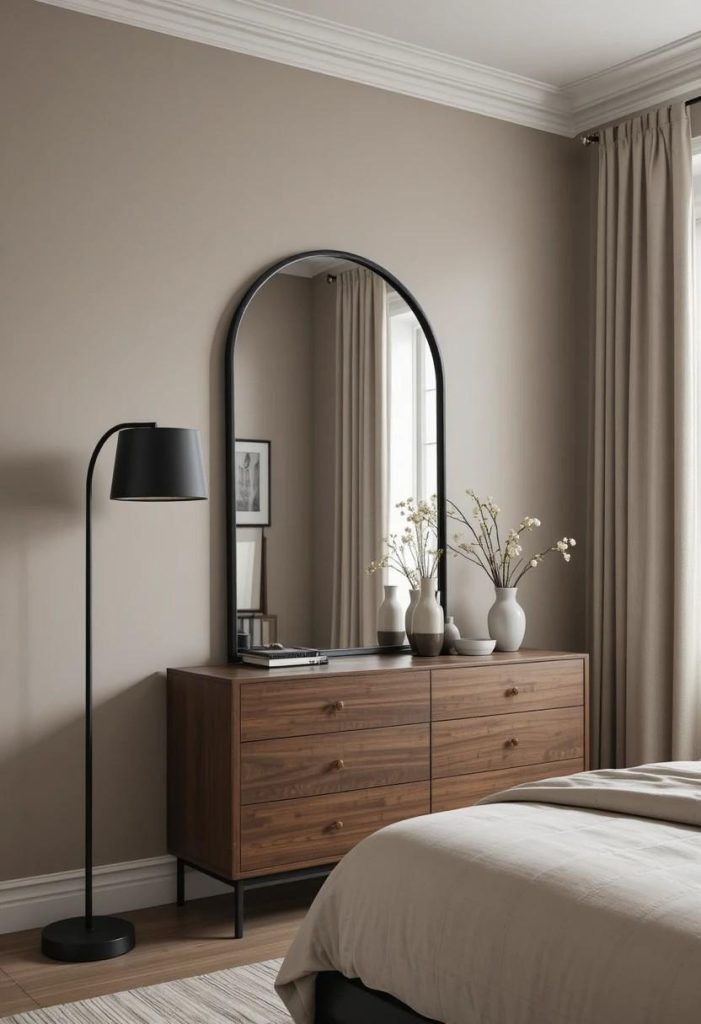 Taupe bedroom with matte black floor lamp, framed mirror, and slim black curtain rods