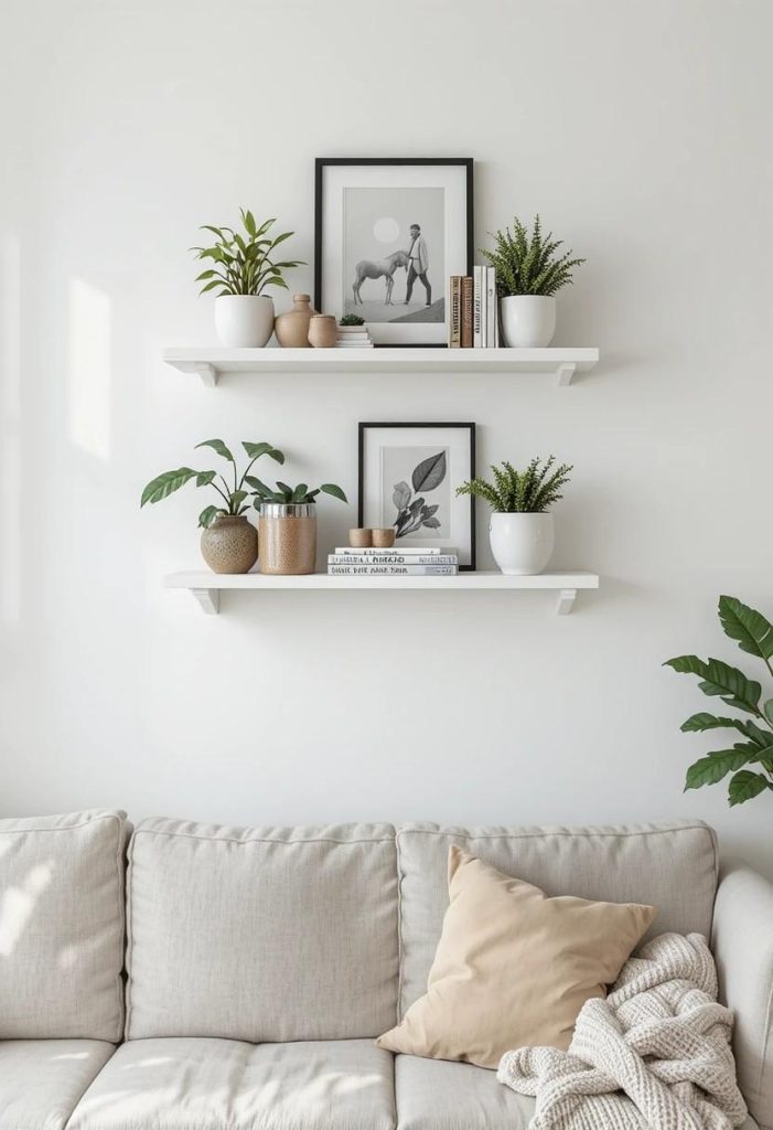 Three white floating shelves above sofa styled with plants, books, and ceramics in a small living room.