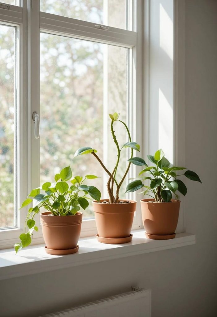 Cluster of pothos snake plant and fiddle leaf on windowsill in cozy small college bedroom