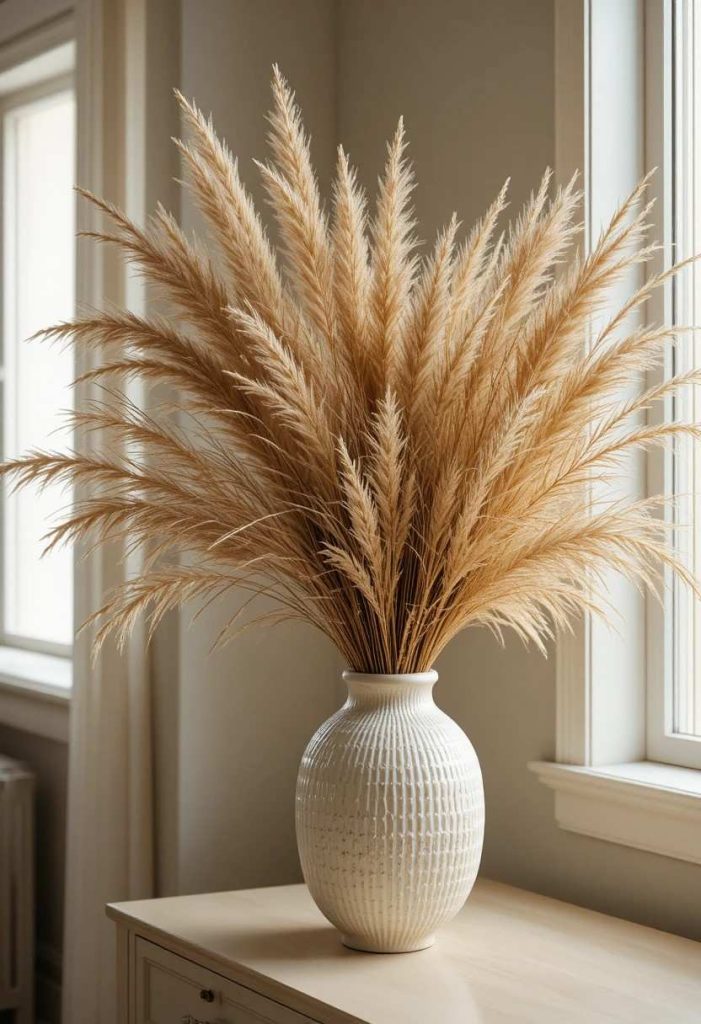 DIY dried pampas grass arrangement in ceramic vase in aesthetic budget college bedroom