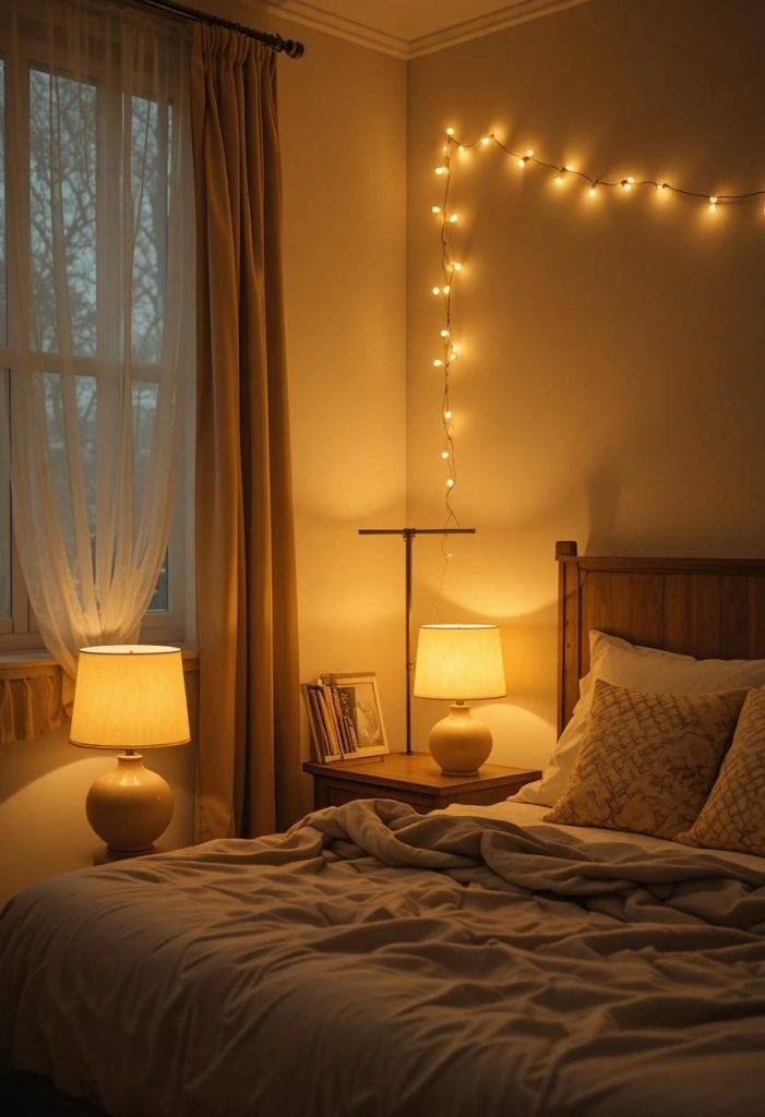 Three layered warm light sources in cozy college apartment bedroom