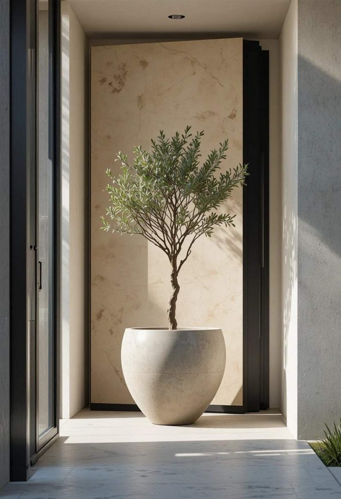  Oversized concrete planter with a single olive tree beside a modern front door