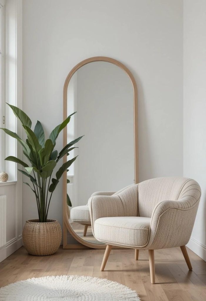 Oversized round wood-framed mirror leaning against a white wall in a Scandinavian living room.
