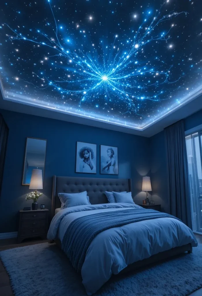 LED ceiling star lights creating dreamy bedroom atmosphere