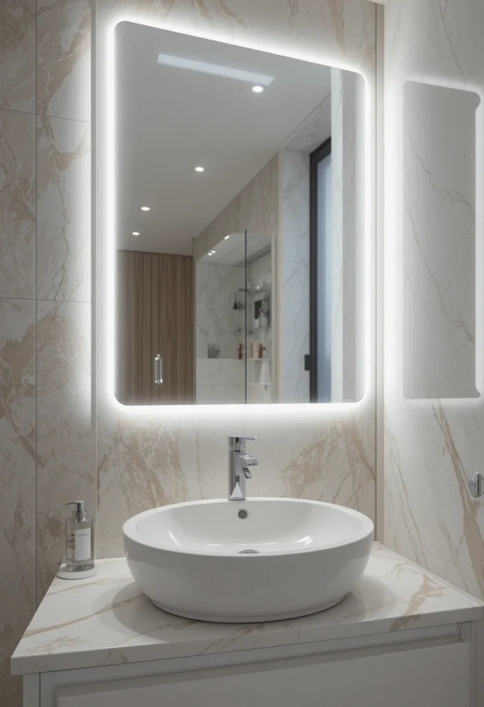 Modern bathroom sink paired with LED backlit mirror lighting.
