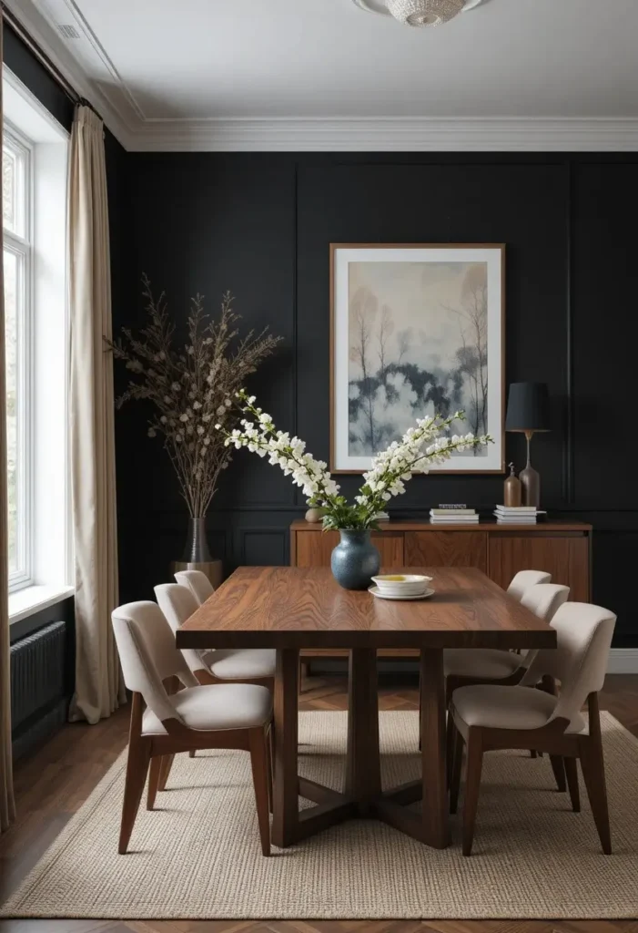 Black and wood dining room combination for warm and balanced design