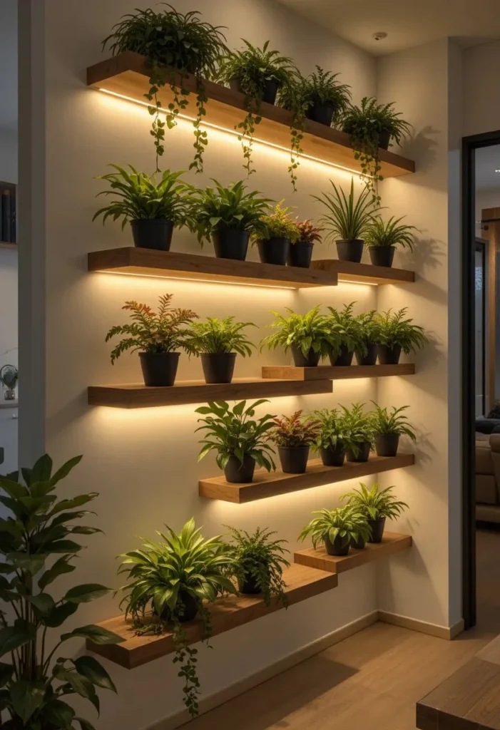 plant wall shelf ideas with warm LED lighting glow