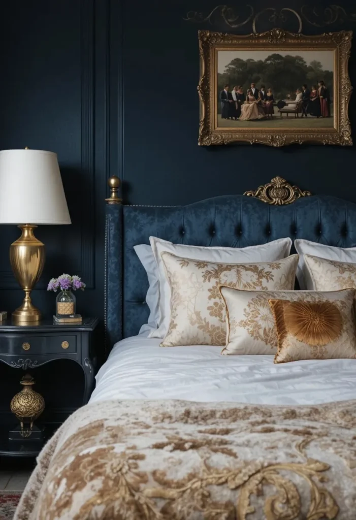 modern luxury moody bedroom ideas with gold accents and velvet textures