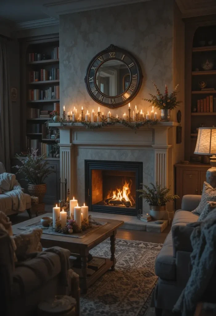 Fireplace living room with cozy layered lighting.