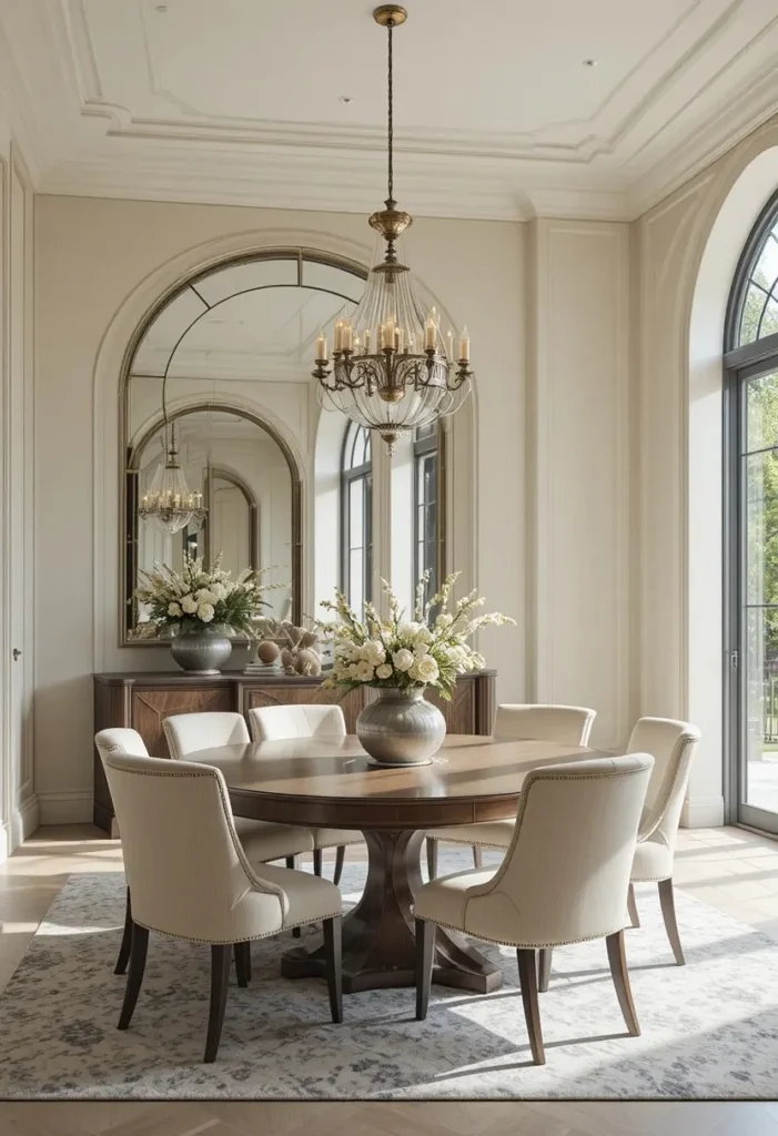 Bright dining room with oversized mirror reflecting natural light.