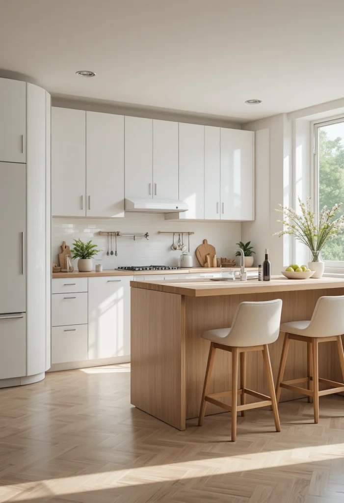 White one wall kitchen with warm oak island and modern decor