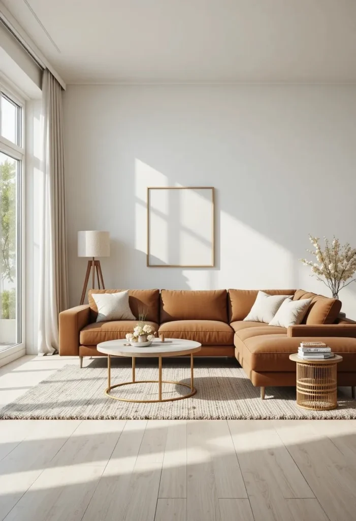Brown couch living room with soft white walls