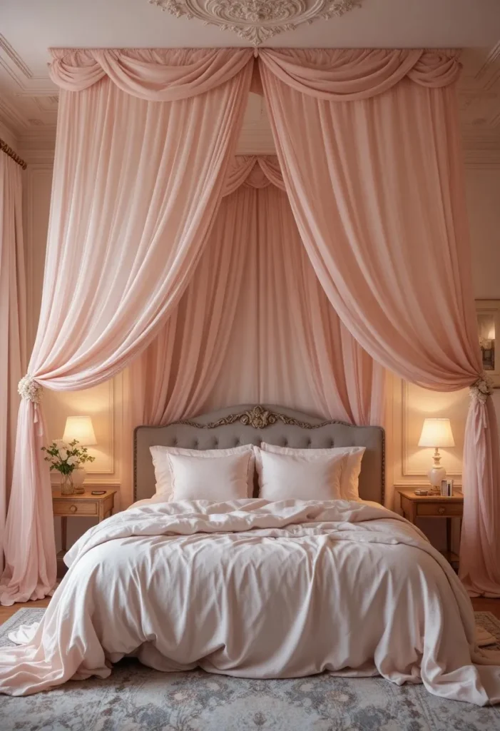 romantic ceiling draped canopy bed ideas with soft flowing fabric