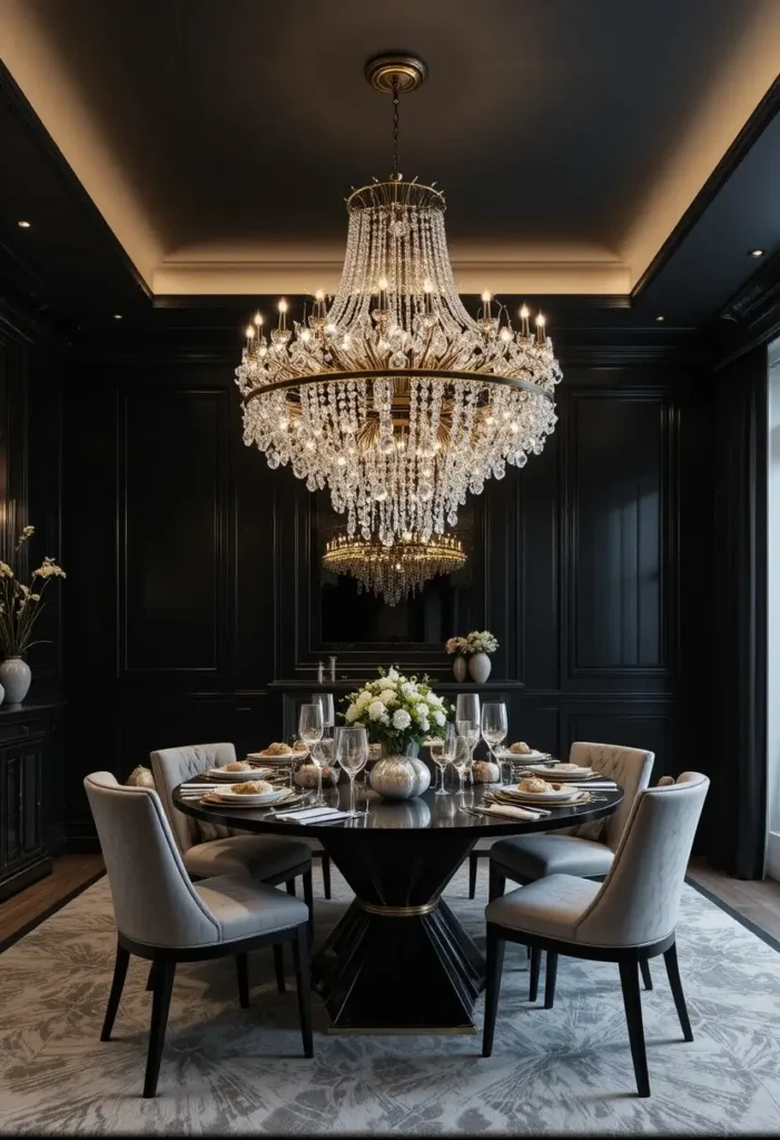 Black dining room with statement lighting as focal point