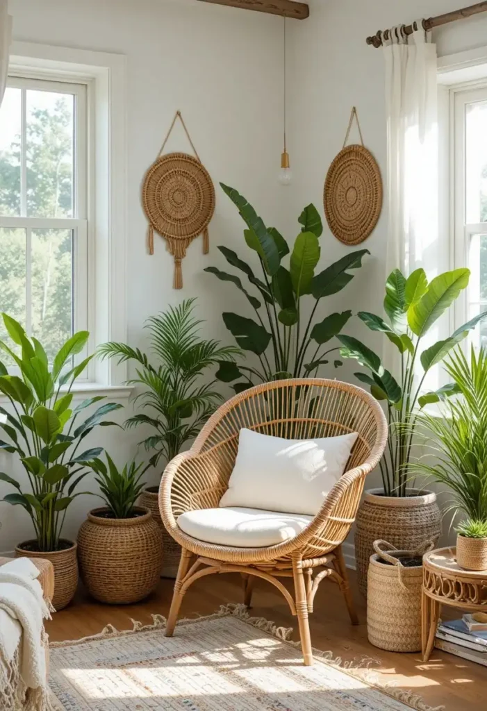 Rattan accent chair in a bright airy boho living room.