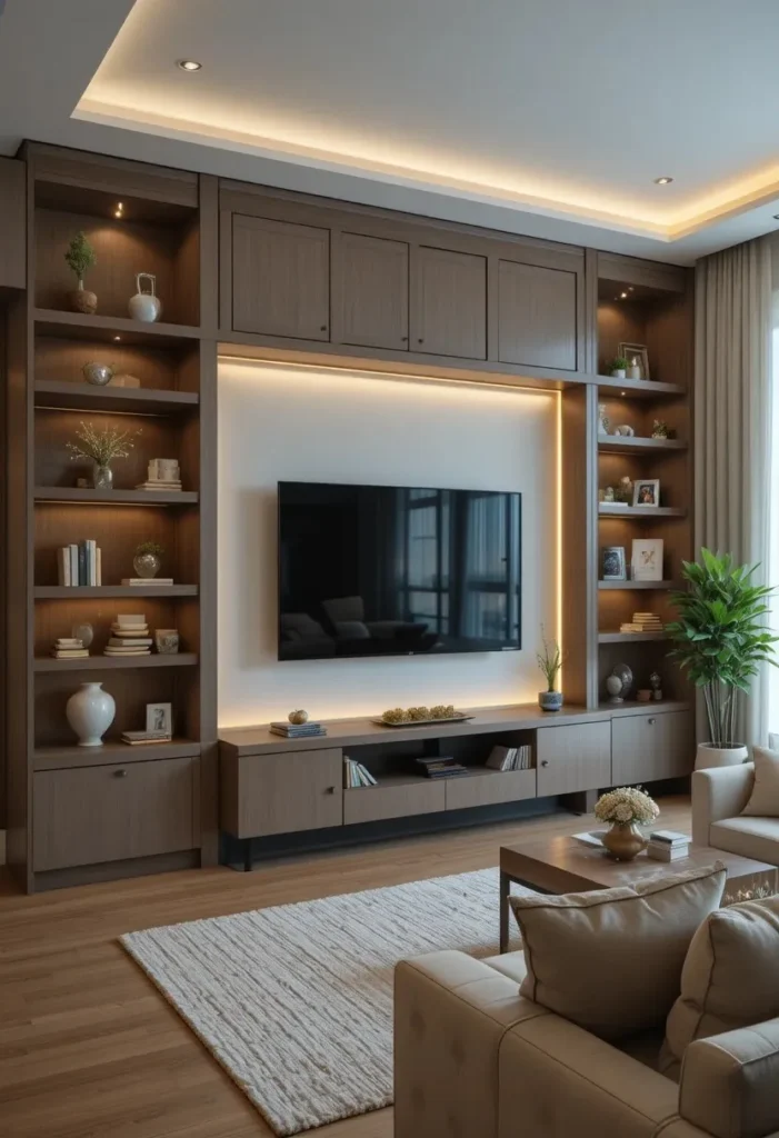 Built-in shelves around TV creating a stylish and organized focal point