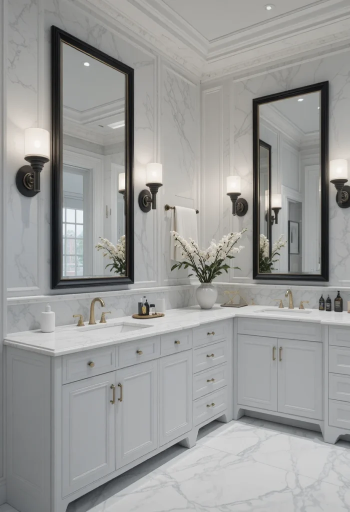 Elegant white bathroom with black mirrors and lighting