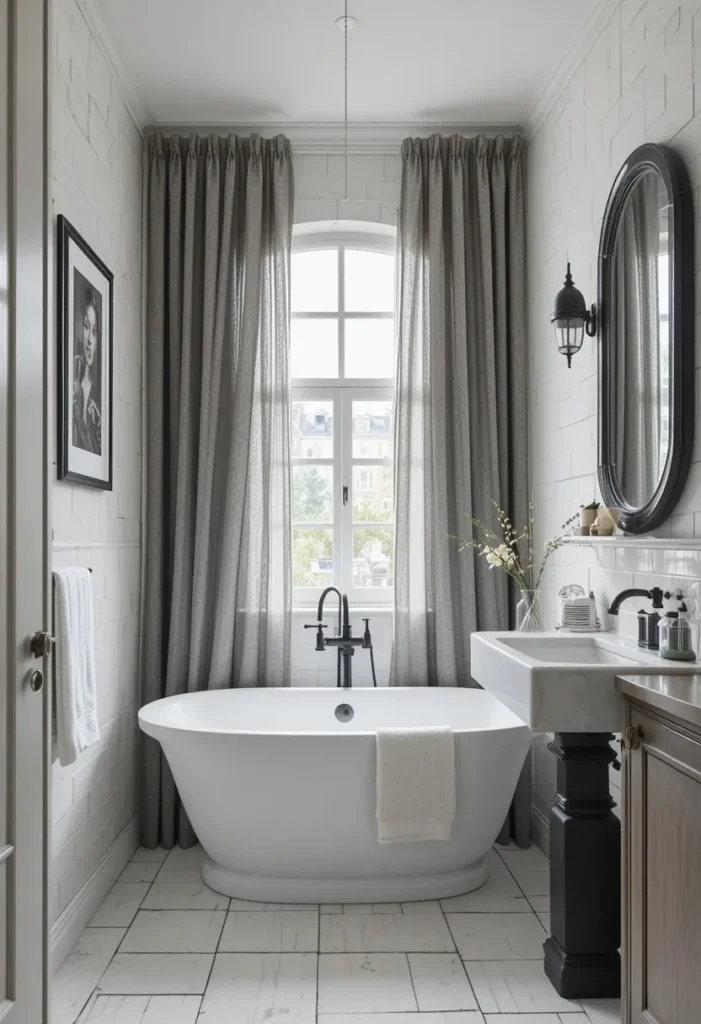 Soft gray bathroom curtains in a modern minimalist bathroom design.