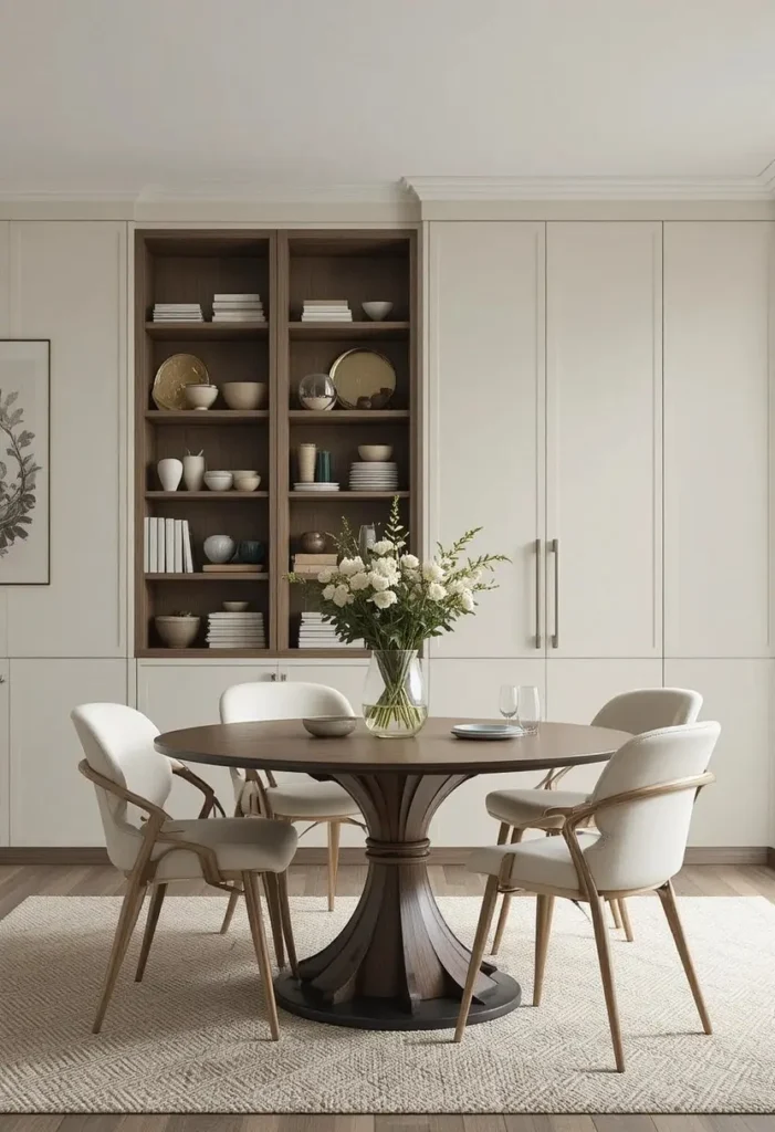 Modern dining room with built-in storage and clean organization