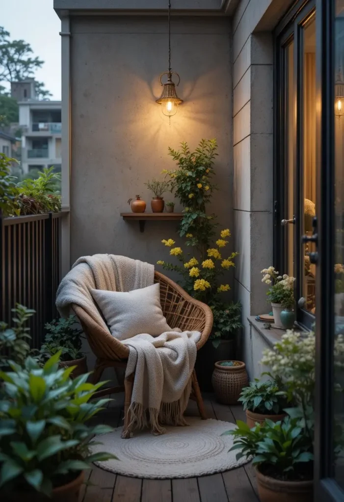balcony garden ideas with cozy reading corner and greenery