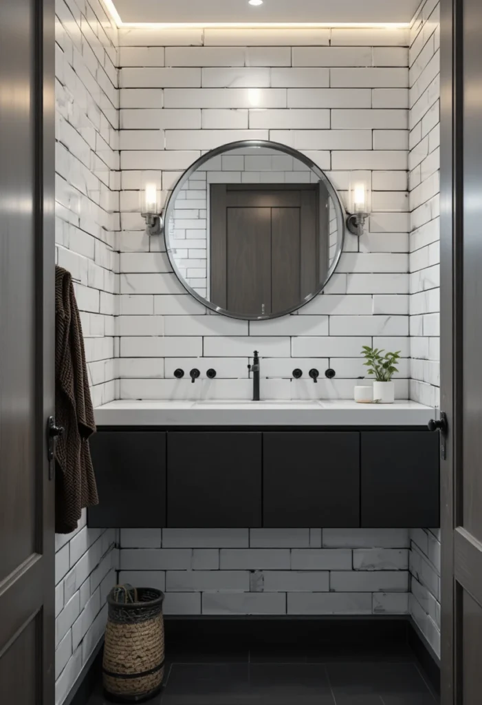 White subway tile bathroom with black grout and matte black fixtures