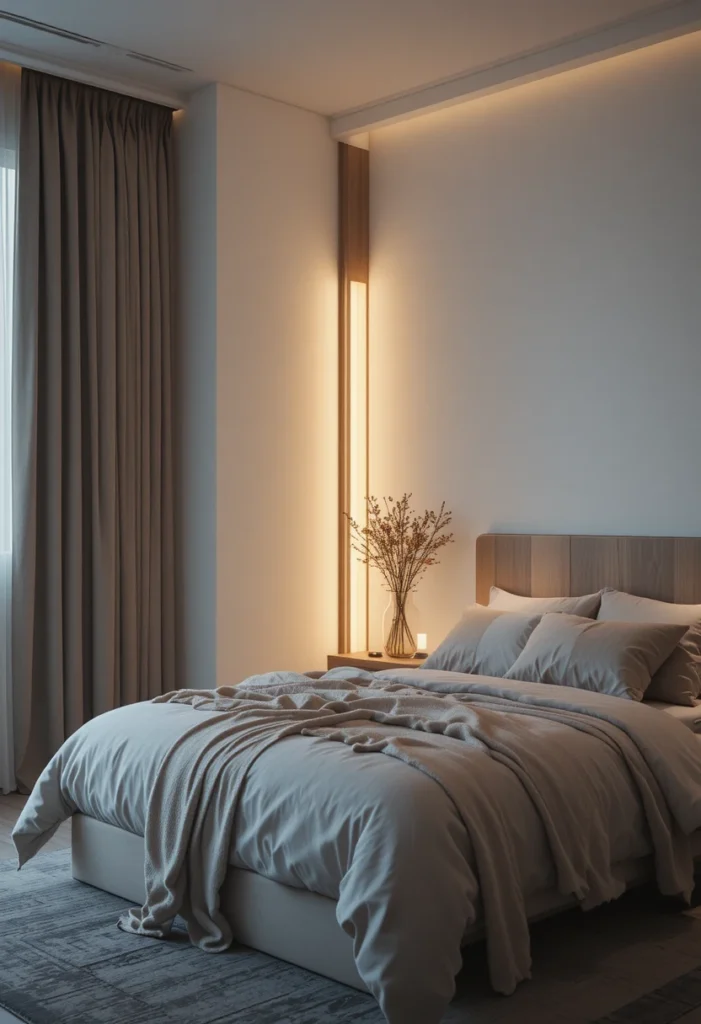 minimalist LED corner lighting in modern cozy bedroom