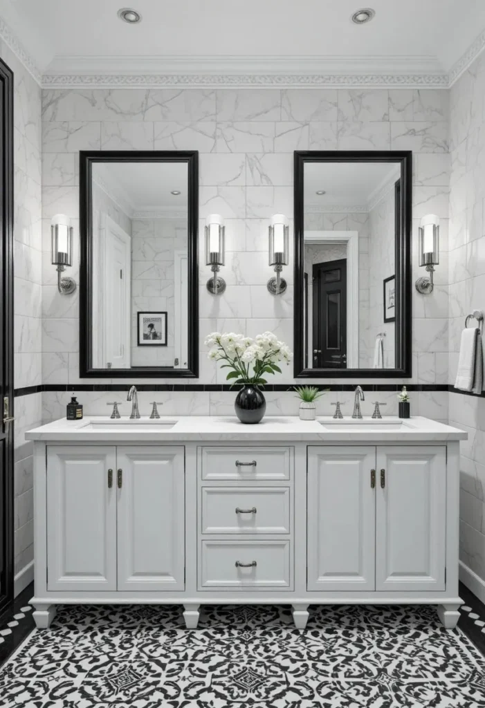 Black and white double vanity bathroom with bold contrast and modern style.