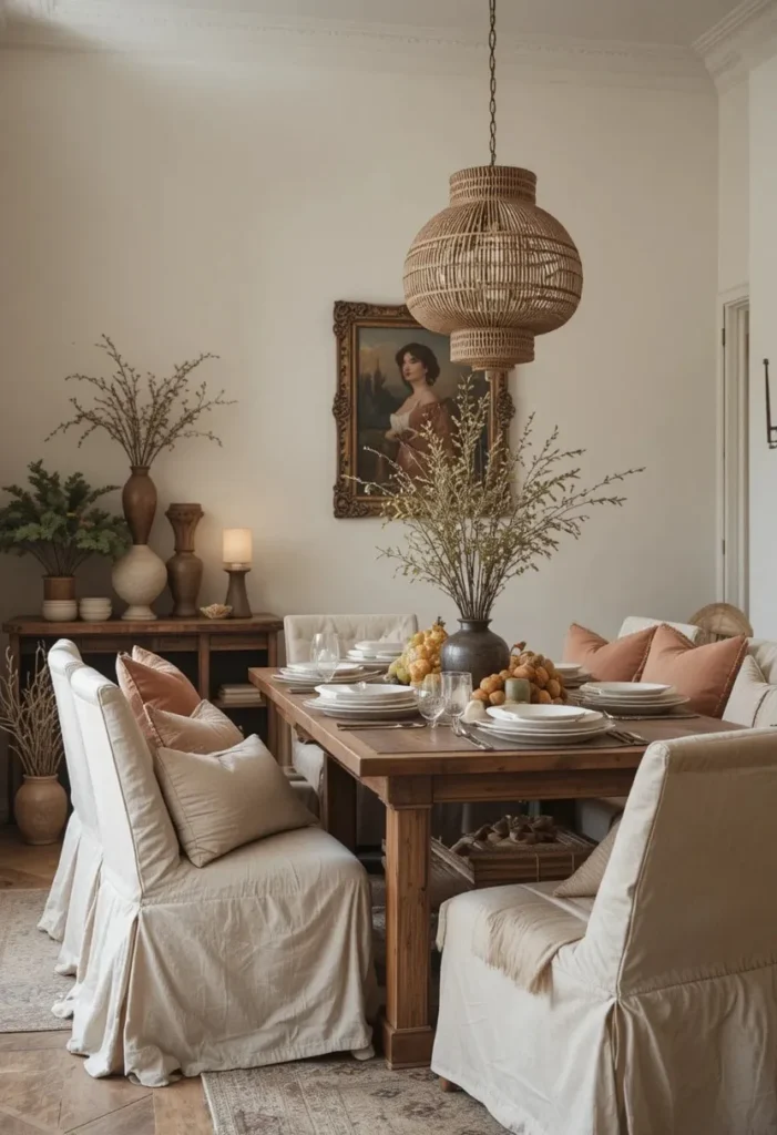 Layered linen and cotton seating in a cozy boho dining room.